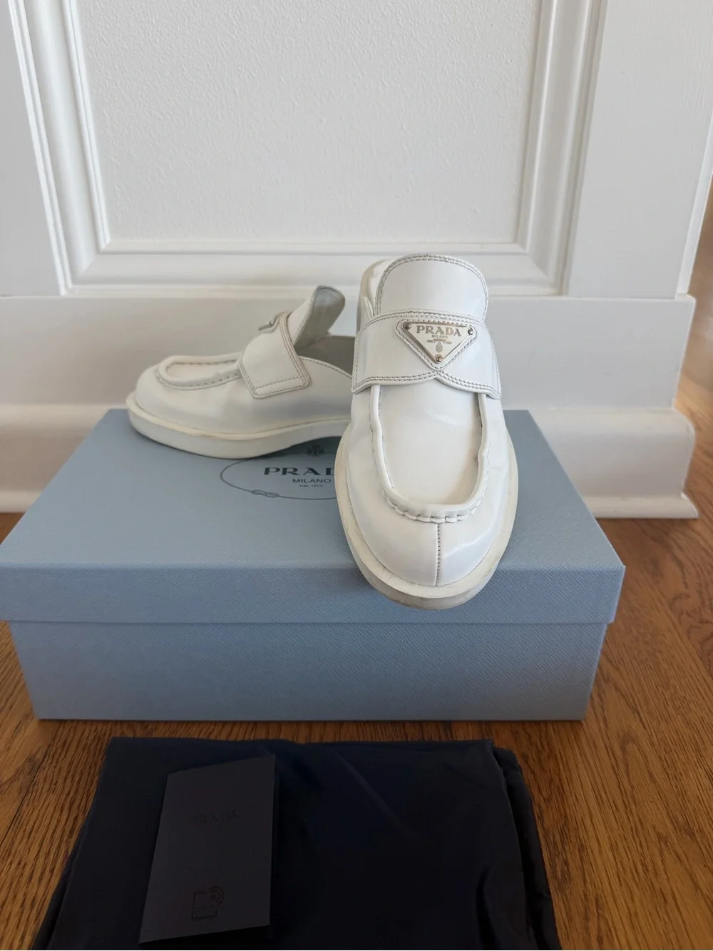 Prada White Triangle Logo Slip-On Loafers, size 38 - Picture 2 of 8